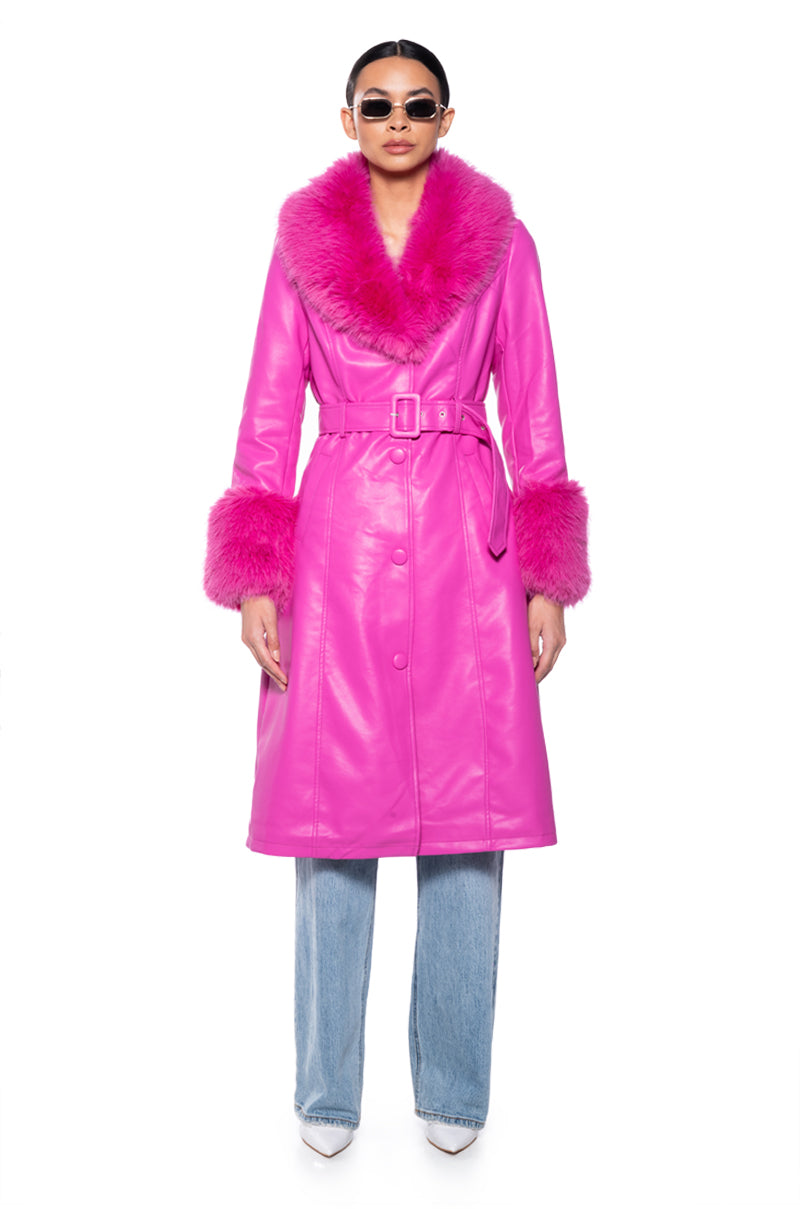 Detail View Azalea Wang Kaya Pu Trench With Fur Lining In Pink