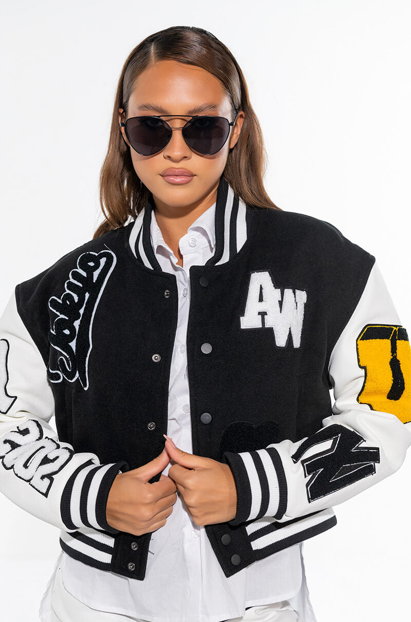 Front View Azalea Wang Keep It Classic Patch Varsity Jacket