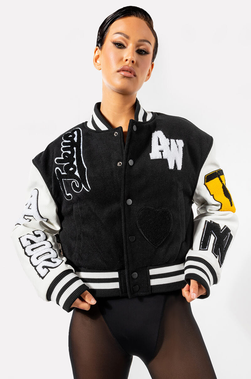 Front View Azalea Wang Keep It Classic Patch Varsity Jacket