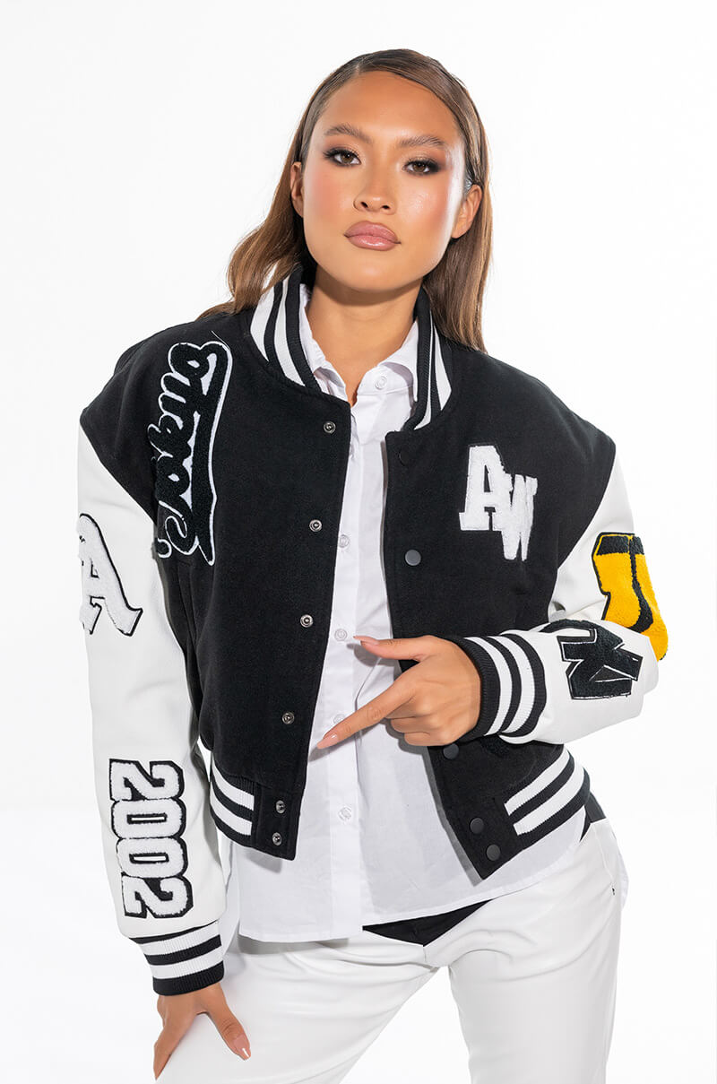 Side View Azalea Wang Keep It Classic Patch Varsity Jacket