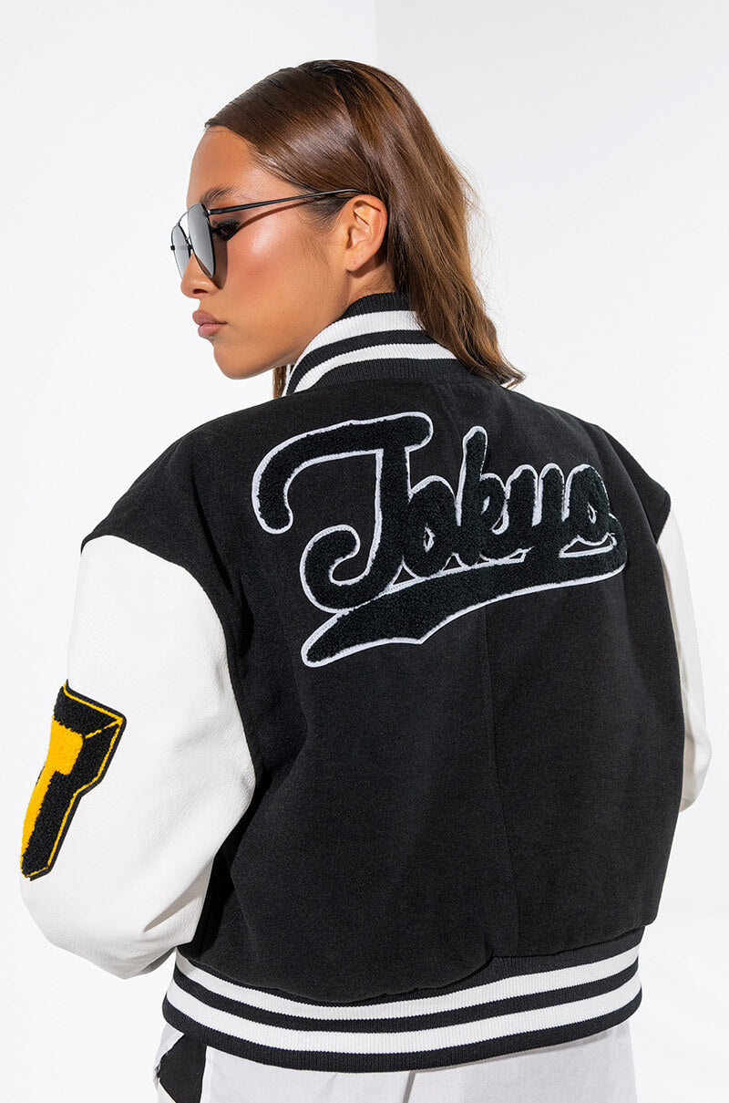 Back View Azalea Wang Keep It Classic Patch Varsity Jacket