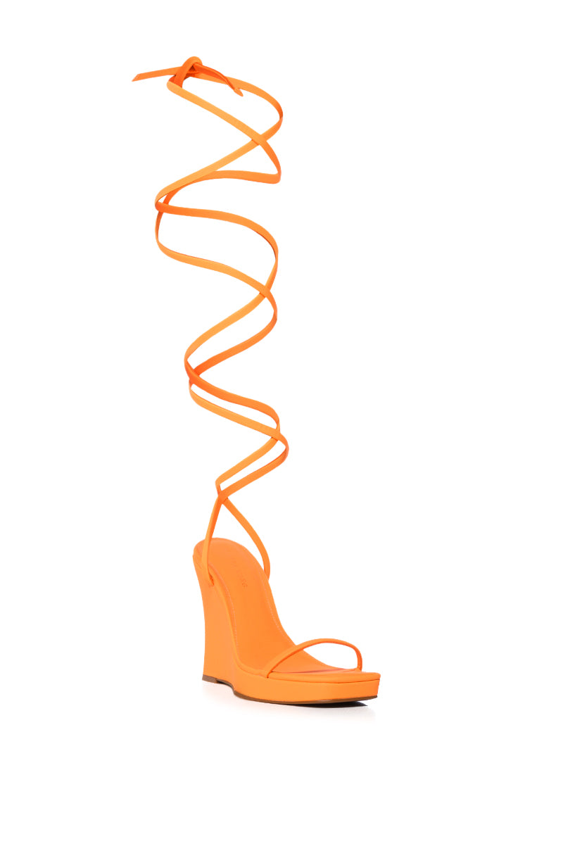 Back View Azalea Wang Khalifa Lace Up Wedge Sandal In Orange