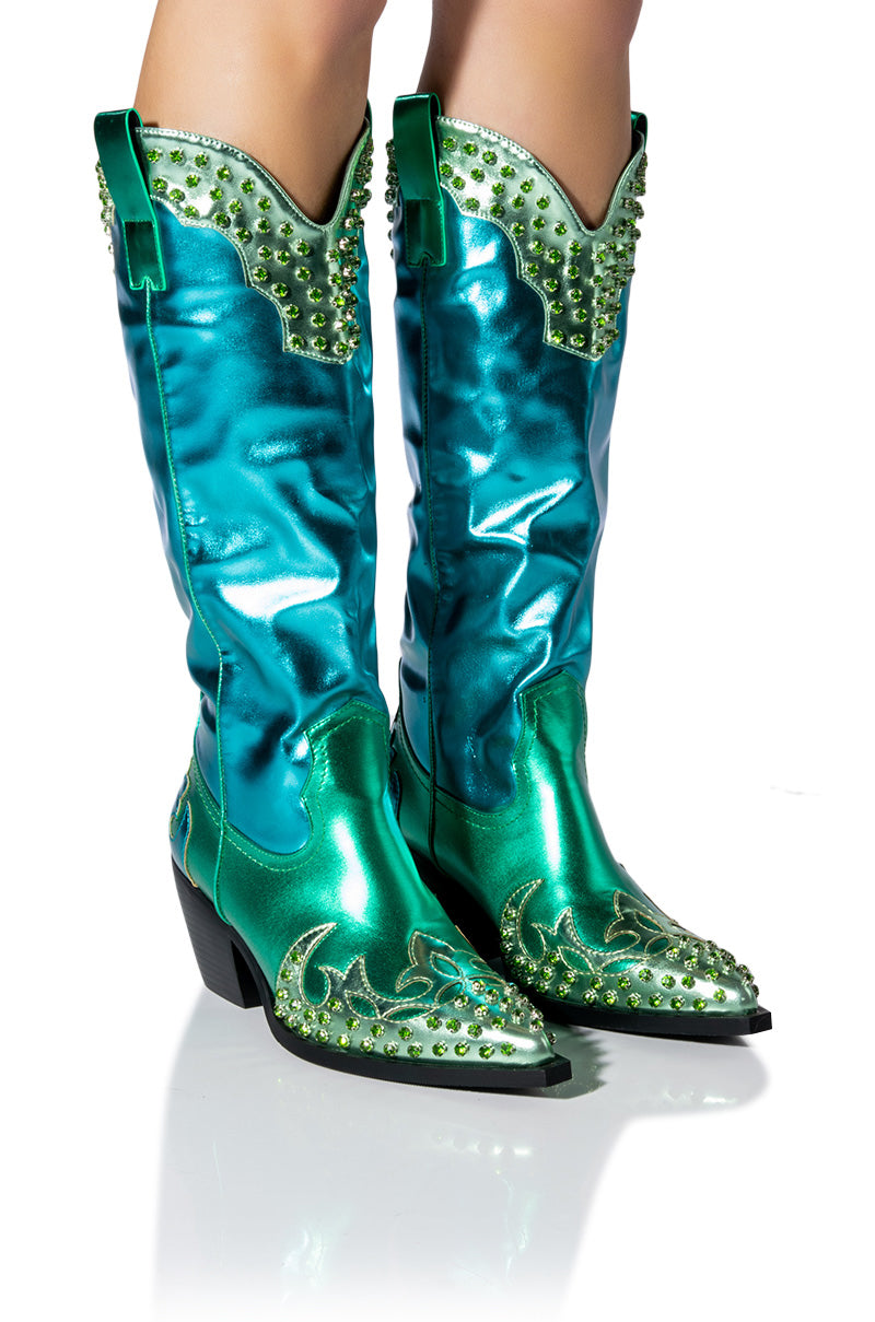 Front View Azalea Wang Knox Metallic Western Boot In Metallic Blues