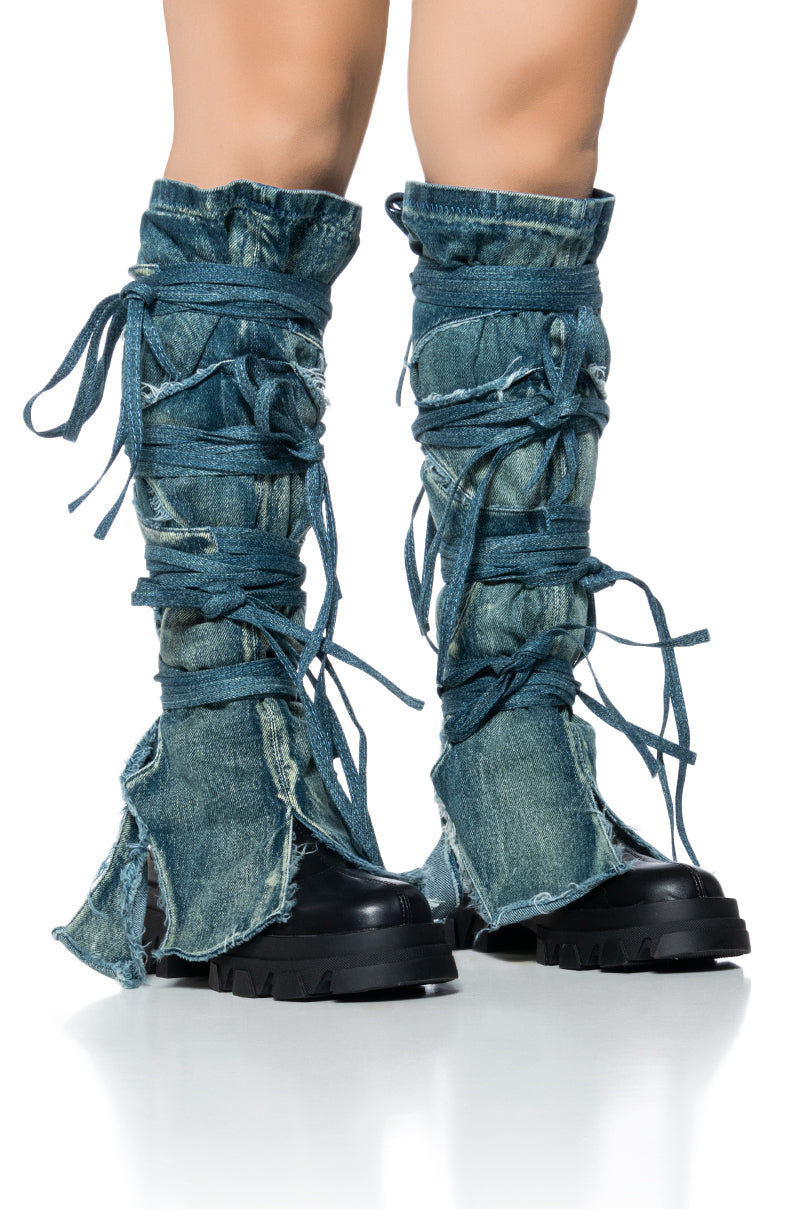 Side View Azalea Wang Knoxton Black Bootie With Strappy Tie Up Denim Cover