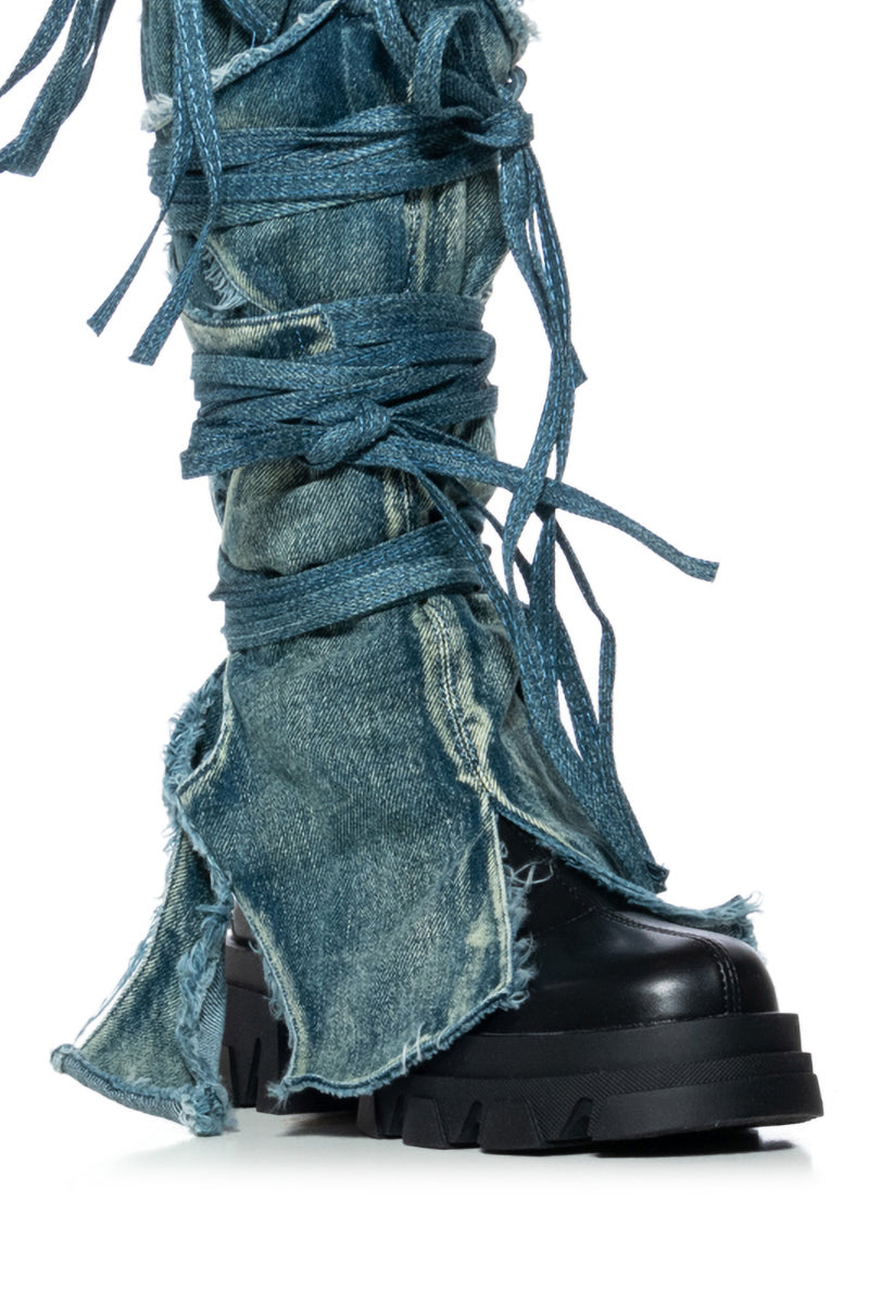 Extra View Azalea Wang Knoxton Black Bootie With Strappy Tie Up Denim Cover
