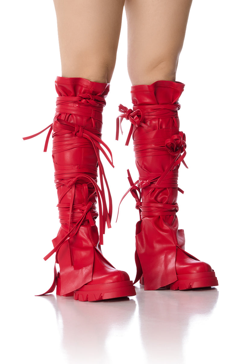 Side View Azalea Wang Knoxton Red Bootie With Strappy Tie Up Cover