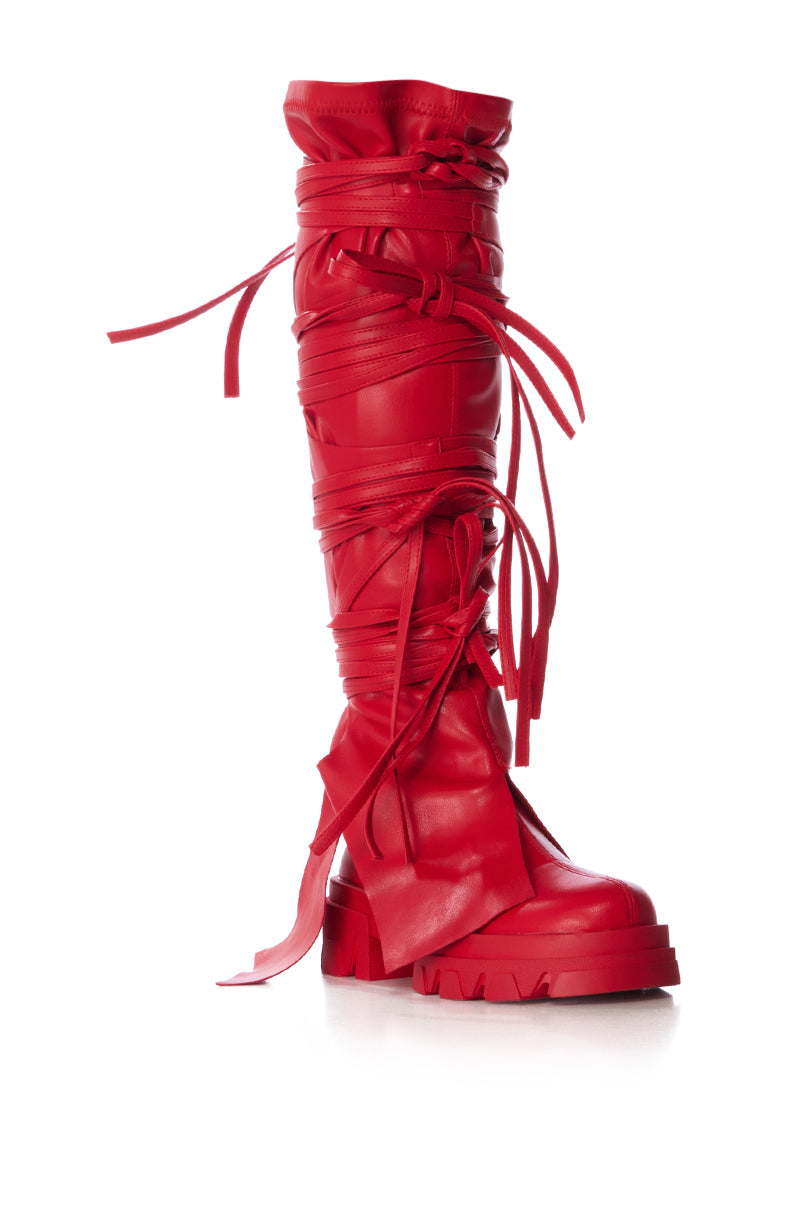 Detail View Azalea Wang Knoxton Red Bootie With Strappy Tie Up Cover