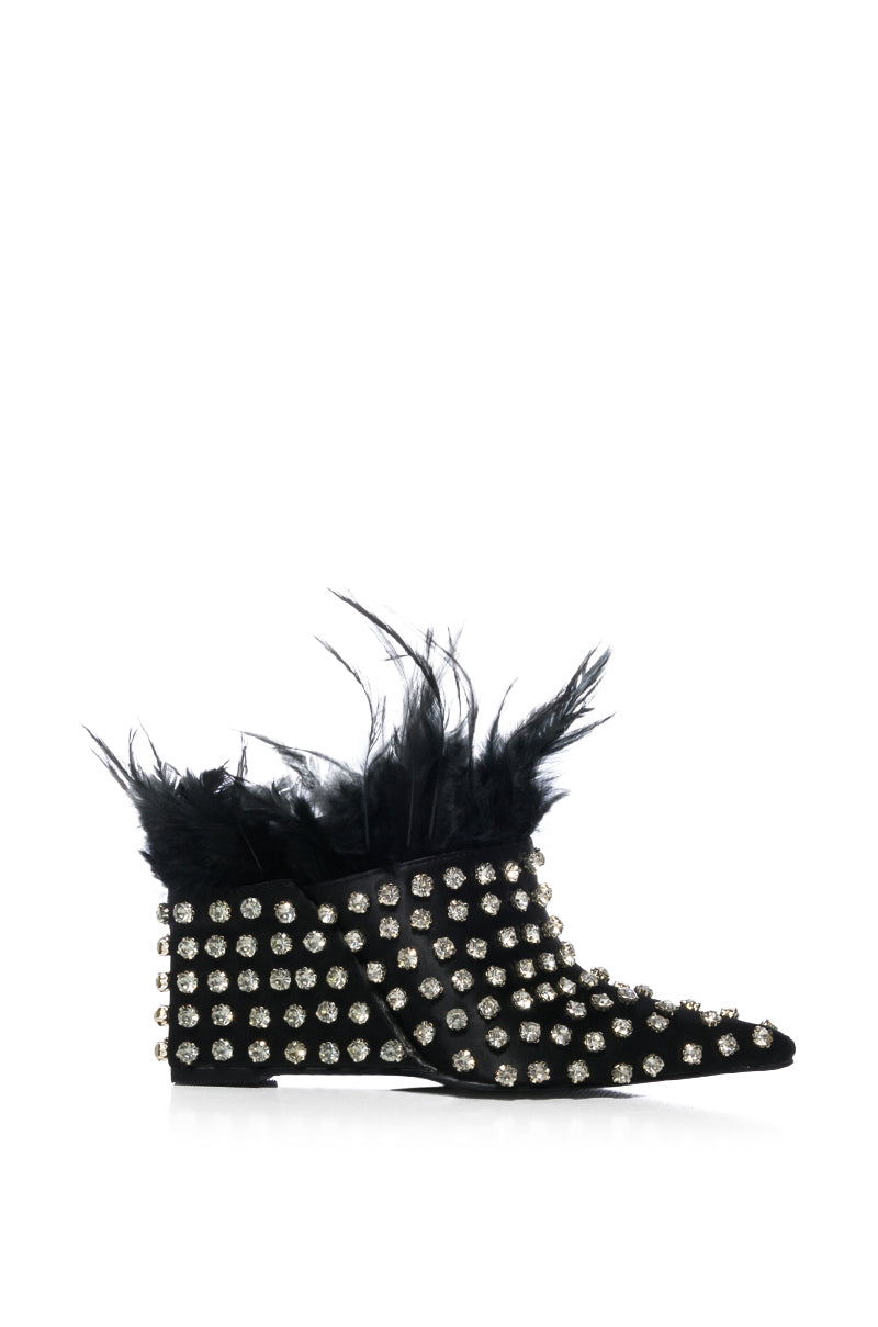 Side View Azalea Wang Lavina Feather Embellished Wedge Mule In Black