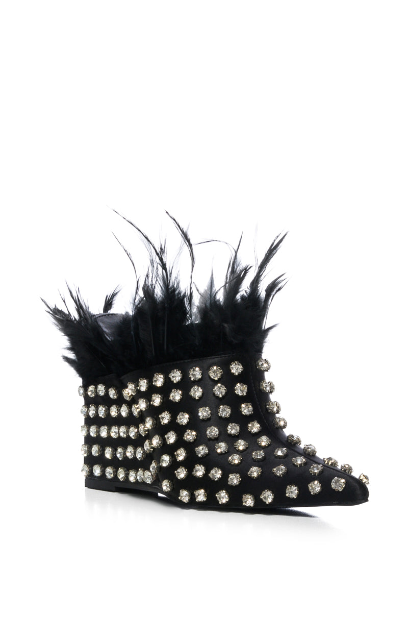 Back View Azalea Wang Lavina Feather Embellished Wedge Mule In Black