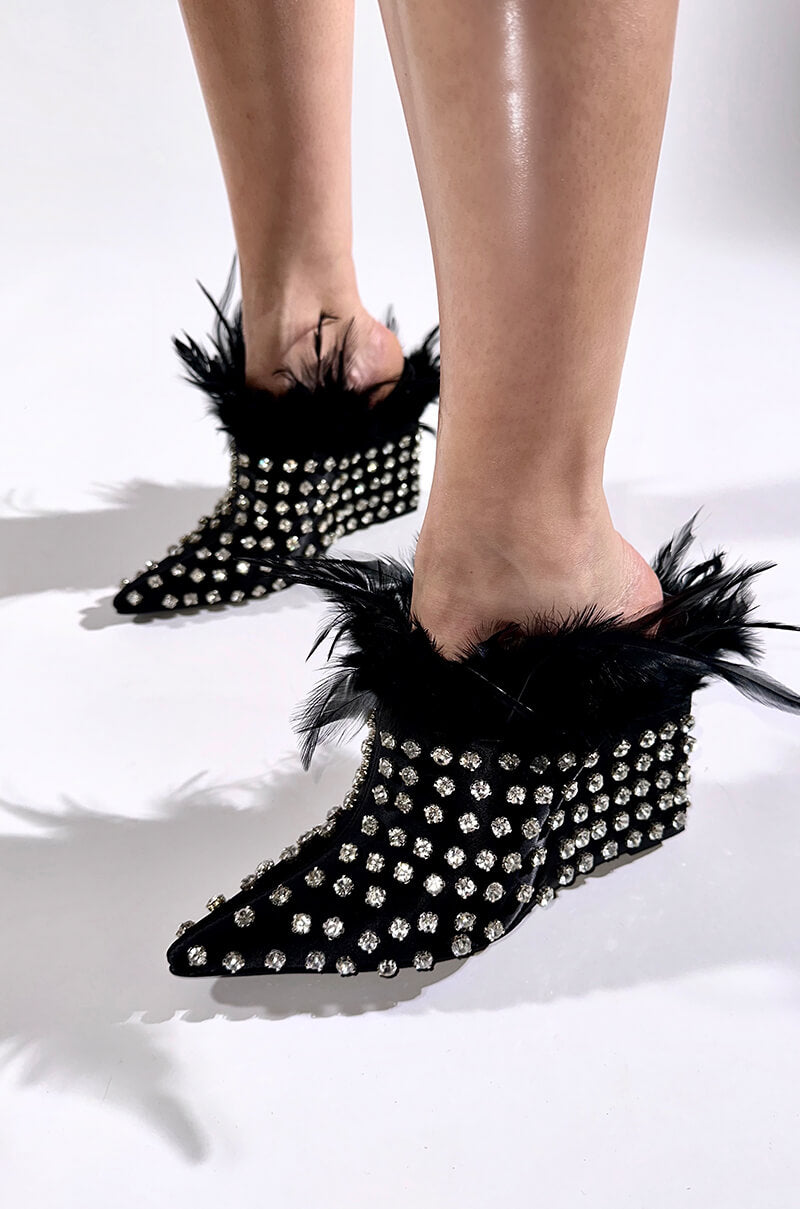 Extra View Azalea Wang Lavina Feather Embellished Wedge Mule In Black