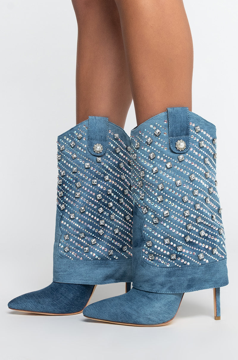 Side View Azalea Wang Leave It All Behind Stiletto Bootie in Denim