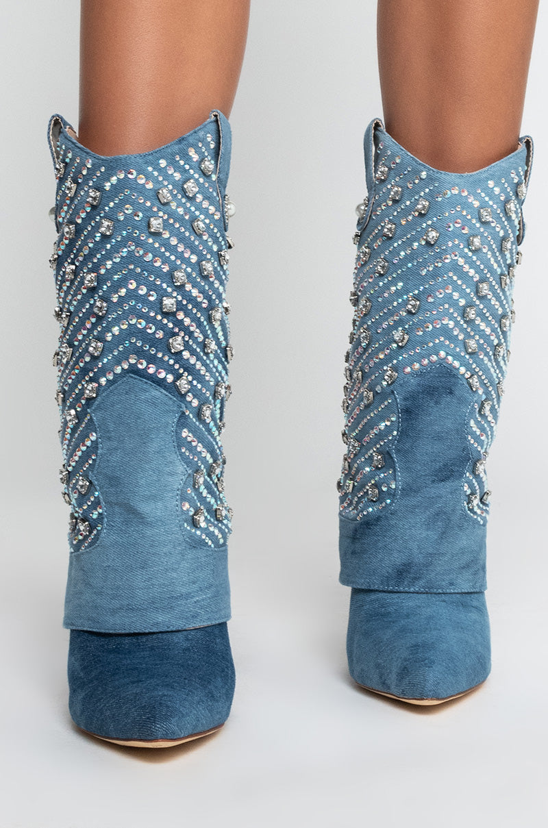Back View Azalea Wang Leave It All Behind Stiletto Bootie in Denim