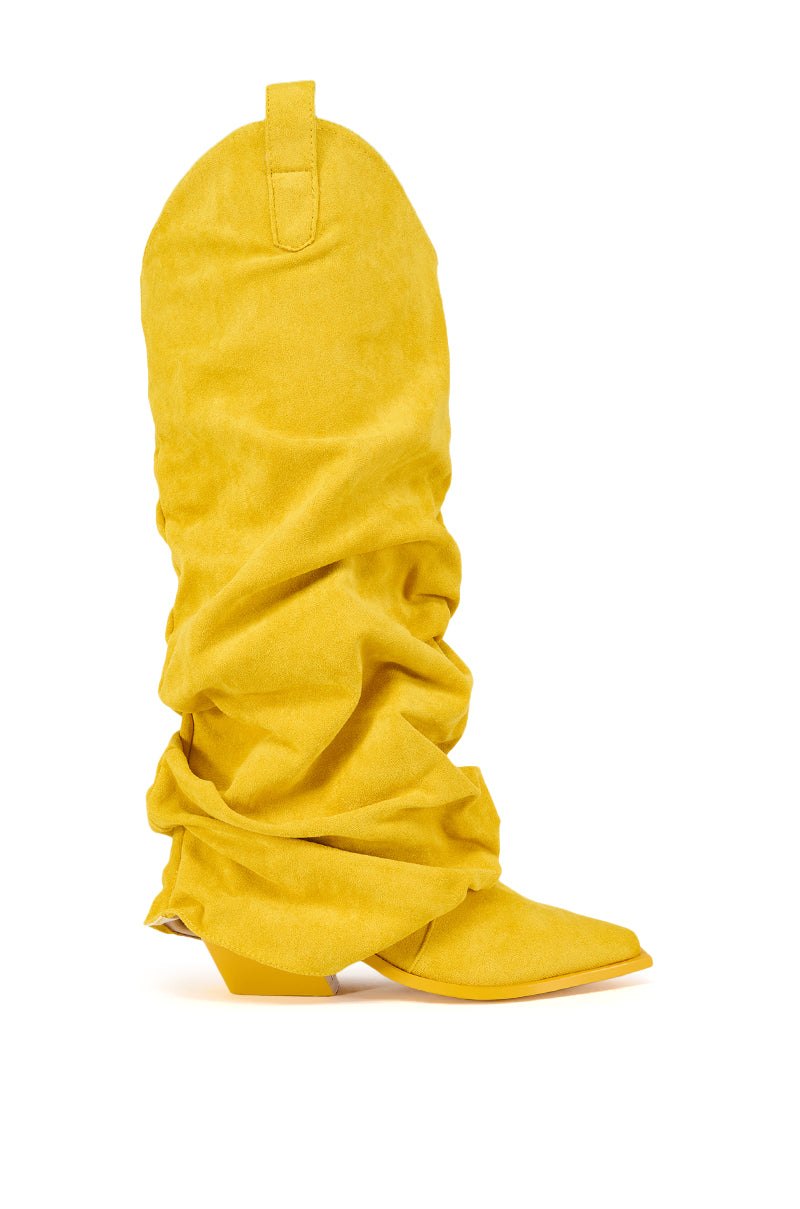 Side View Azalea Wang Lettice Faux Suede Western Boot In Yellow