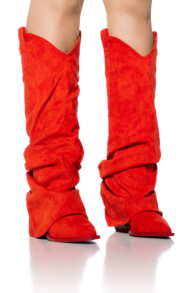 Front View Azalea Wang Lettice Suede Western Boot In Red