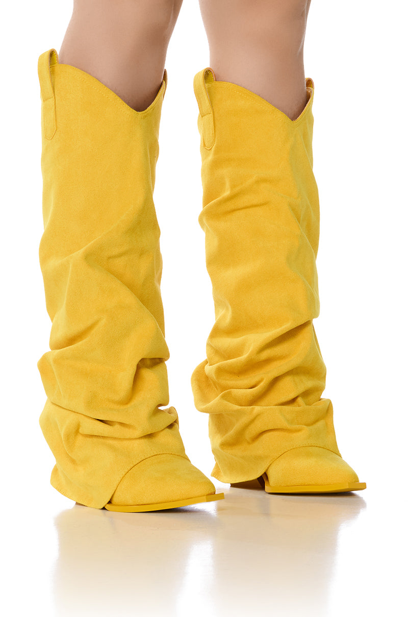 Front View Azalea Wang Lettice Suede Western Boot In Yellow