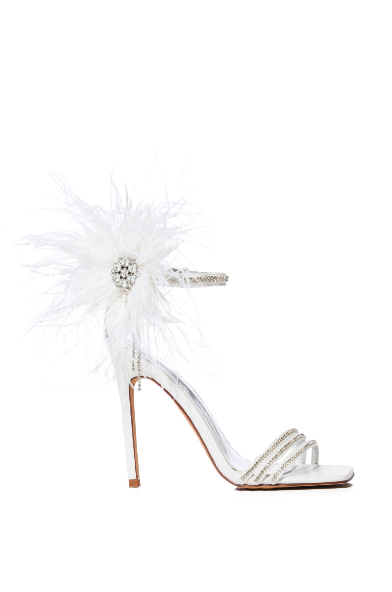 Side View Azalea Wang Licorice Feather Flower Embellished Sandal In White