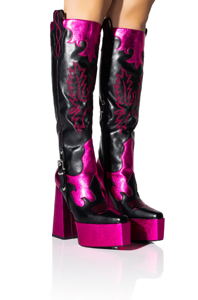 Front View Azalea Wang Liliana Chunky Western Platform Boot In Pink