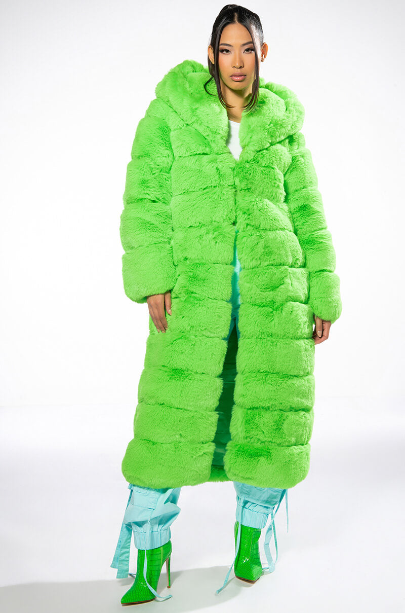 Front View Azalea Wang Lime Crime Faux Fur Trench