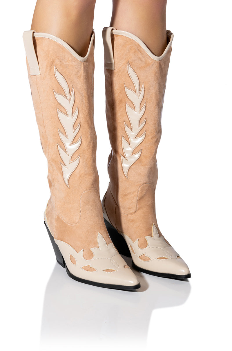 Front View Azalea Wang Love And Light Mid Calf Chunky Western Boot In Nude