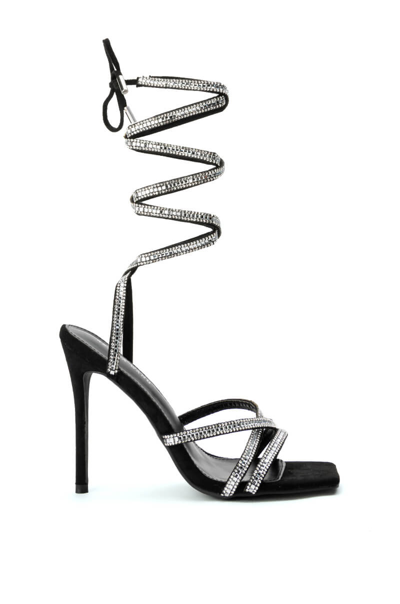 Front View Azalea Wang Lunarlight Lace Up Calf High Bling Sandal In Black