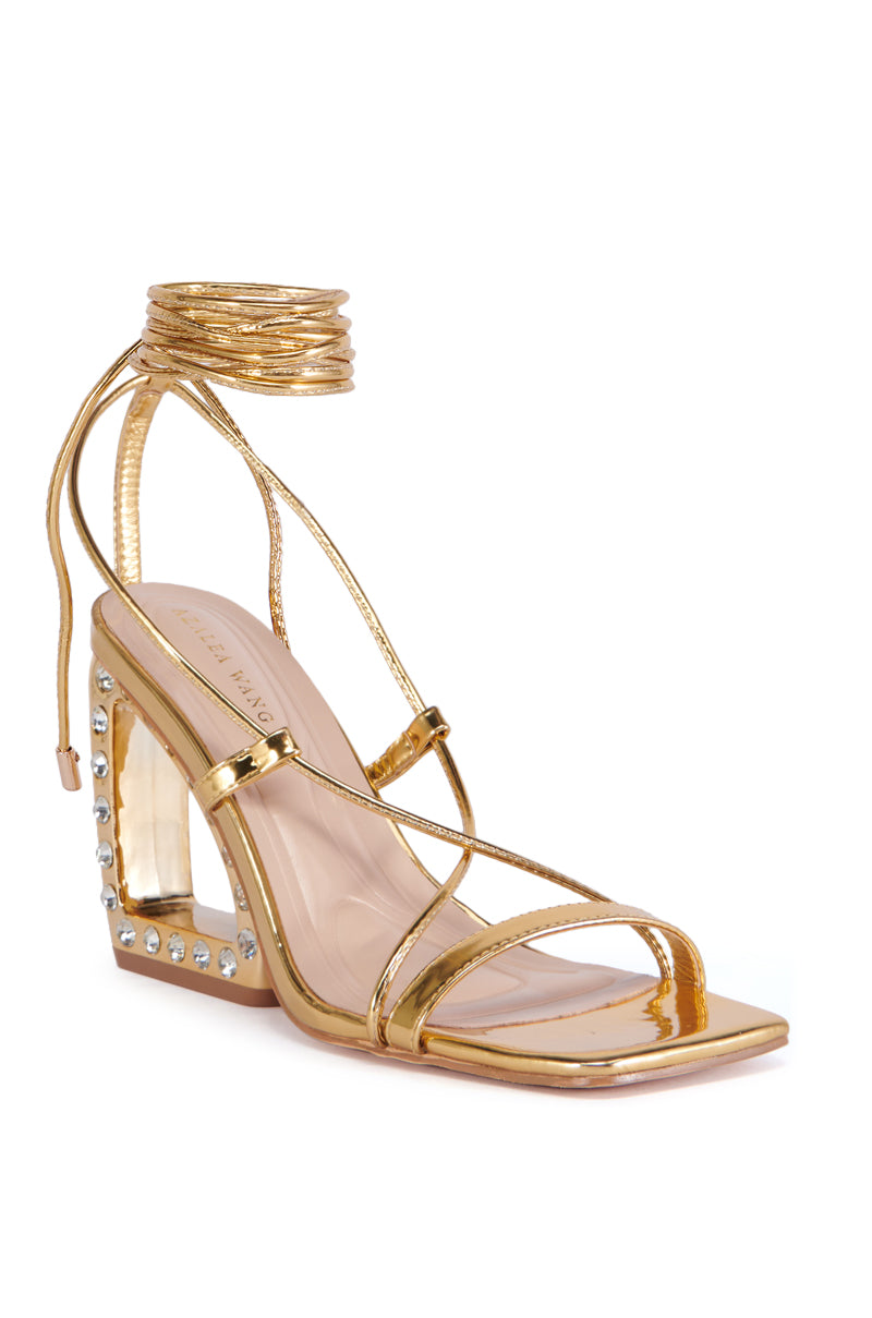 Back View Azalea Wang Luzette Rhinestone Heel Gold Sandal