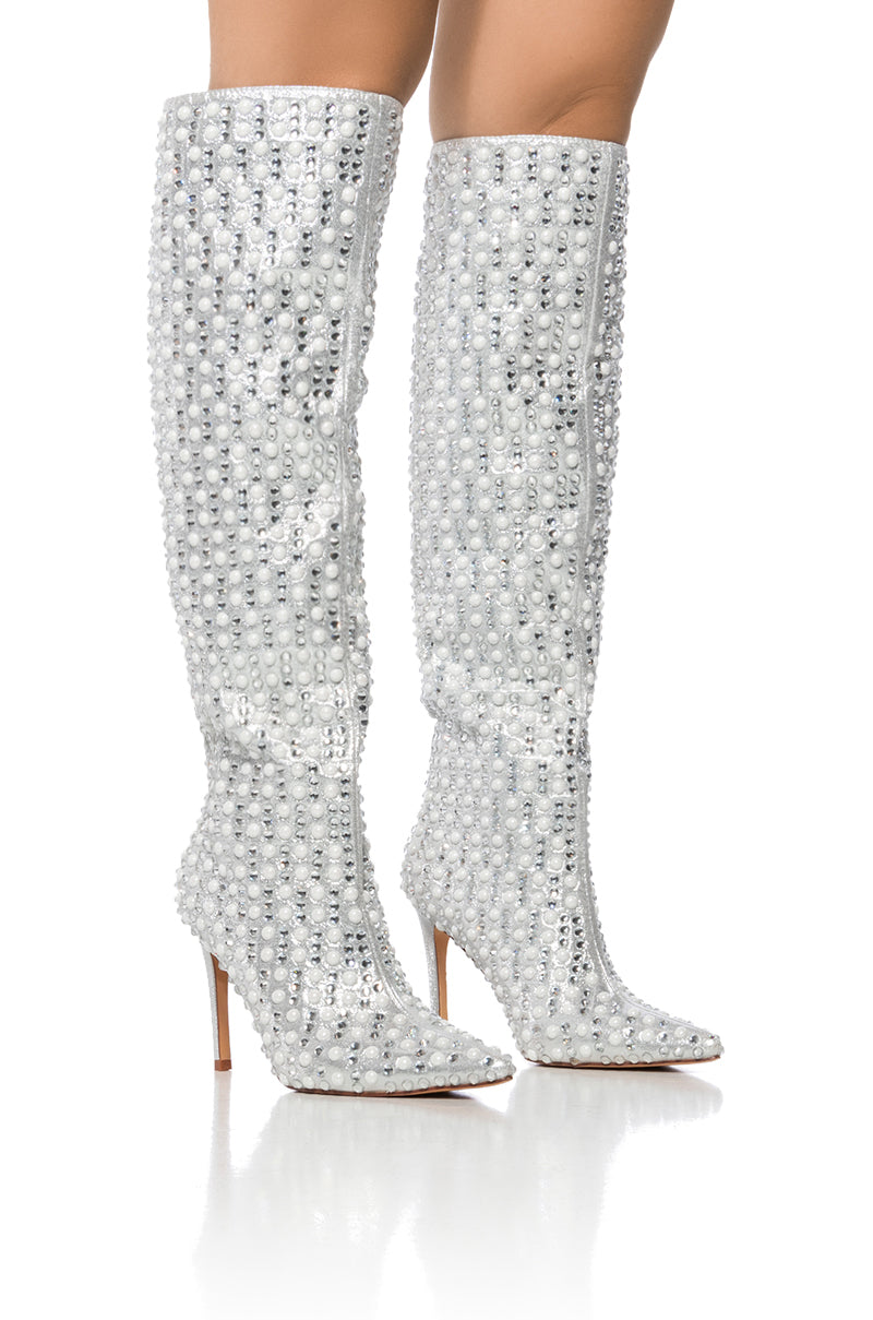 Front View Azalea Wang Lynlee Silver Pearl Embellished Boot