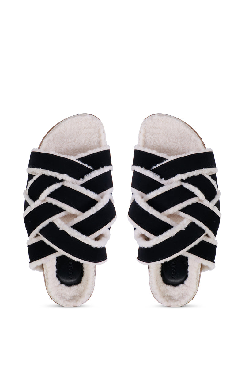 Back View Azalea Wang Maccoy Black Slip On Furry Sandal Slipper