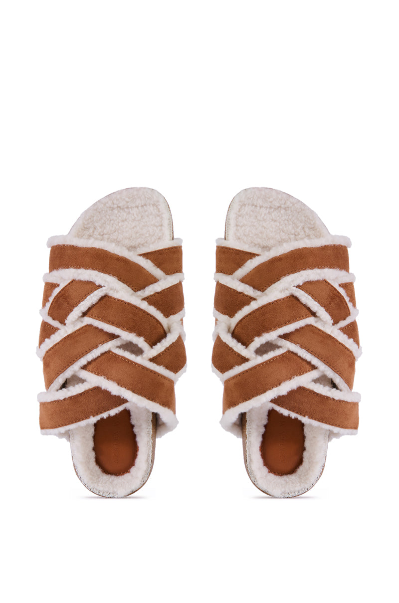 Back View Azalea Wang Maccoy Brown Slip On Furry Sandal Slipper
