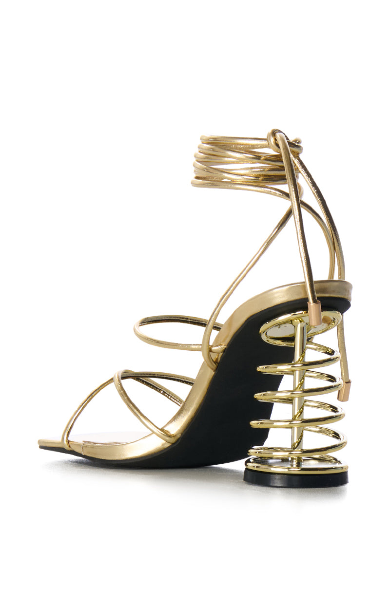 Detail View Azalea Wang Mackinsley Gold Novelty Heel Lace Up Sandal