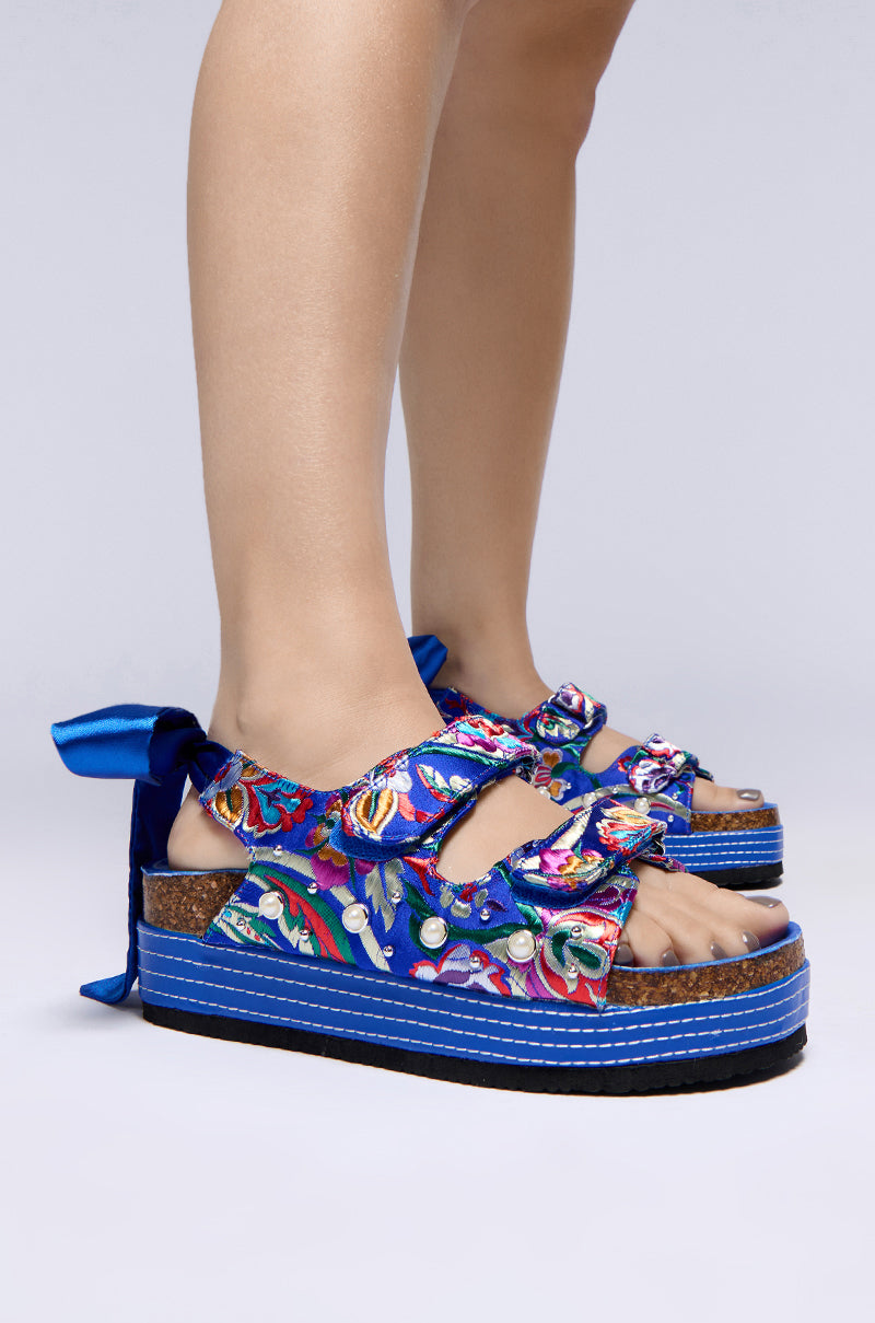 Front View Azalea Wang Mackley Brocade In Blue Flatform Sandal 0