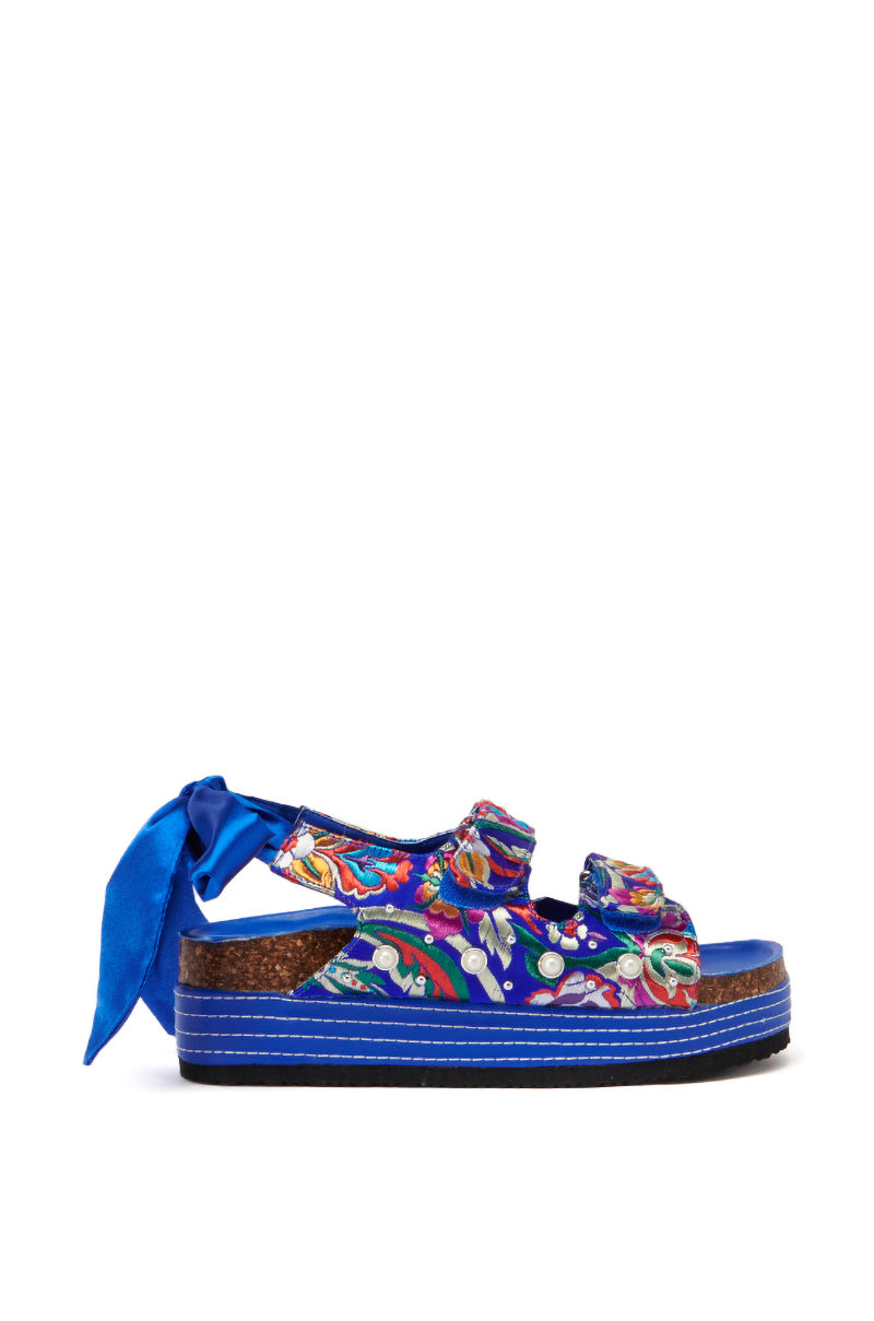 Side View Azalea Wang Mackley Brocade In Blue Flatform Sandal 1