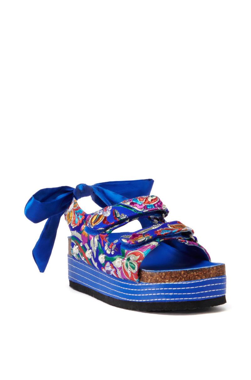 Back View Azalea Wang Mackley Brocade In Blue Flatform Sandal 2