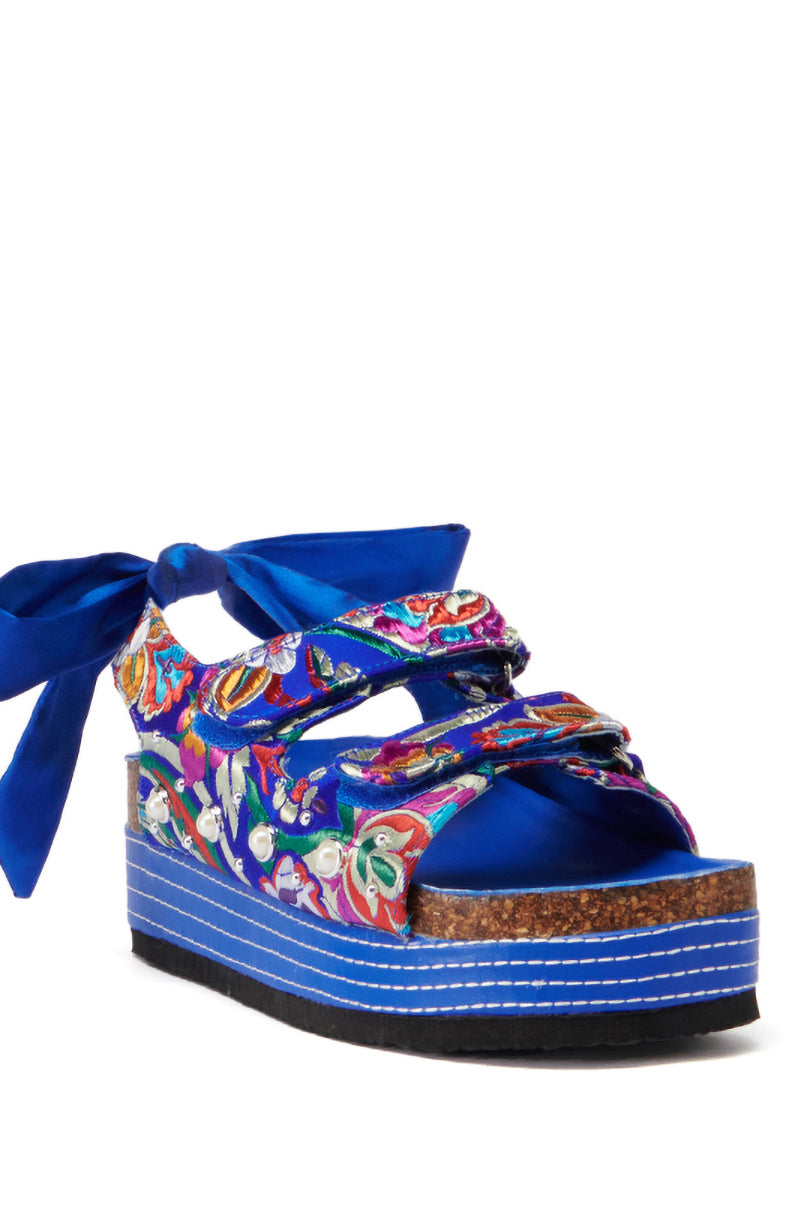 Full View Azalea Wang Mackley Brocade In Blue Flatform Sandal 4