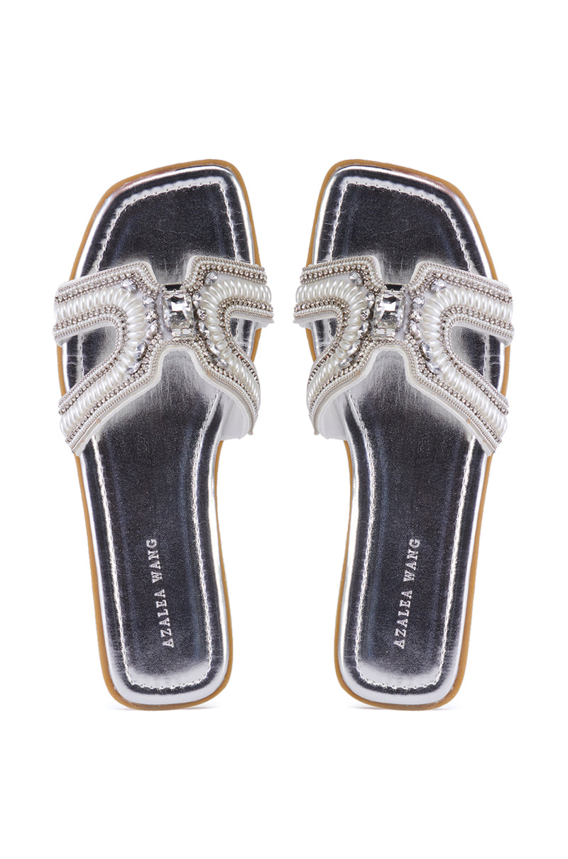 Side View Azalea Wang Madiha Silver Embellished Flat Sandal