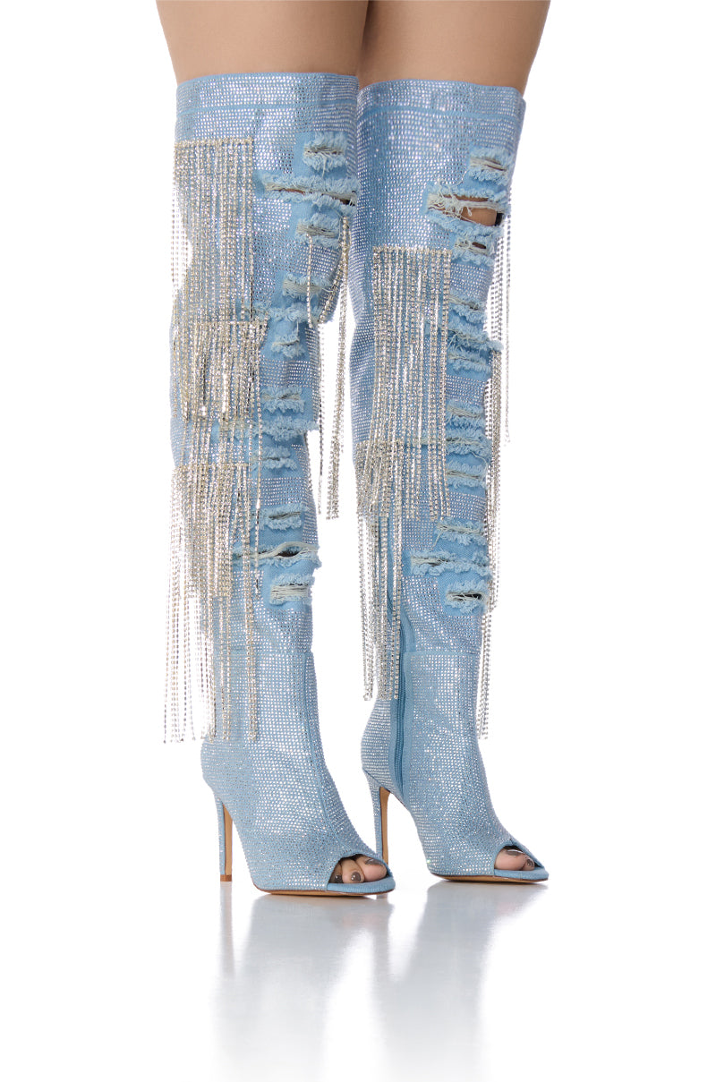 AZALEA WANG MADILYN RHINESTONE DENIM PEEP TOE BOOT view 0