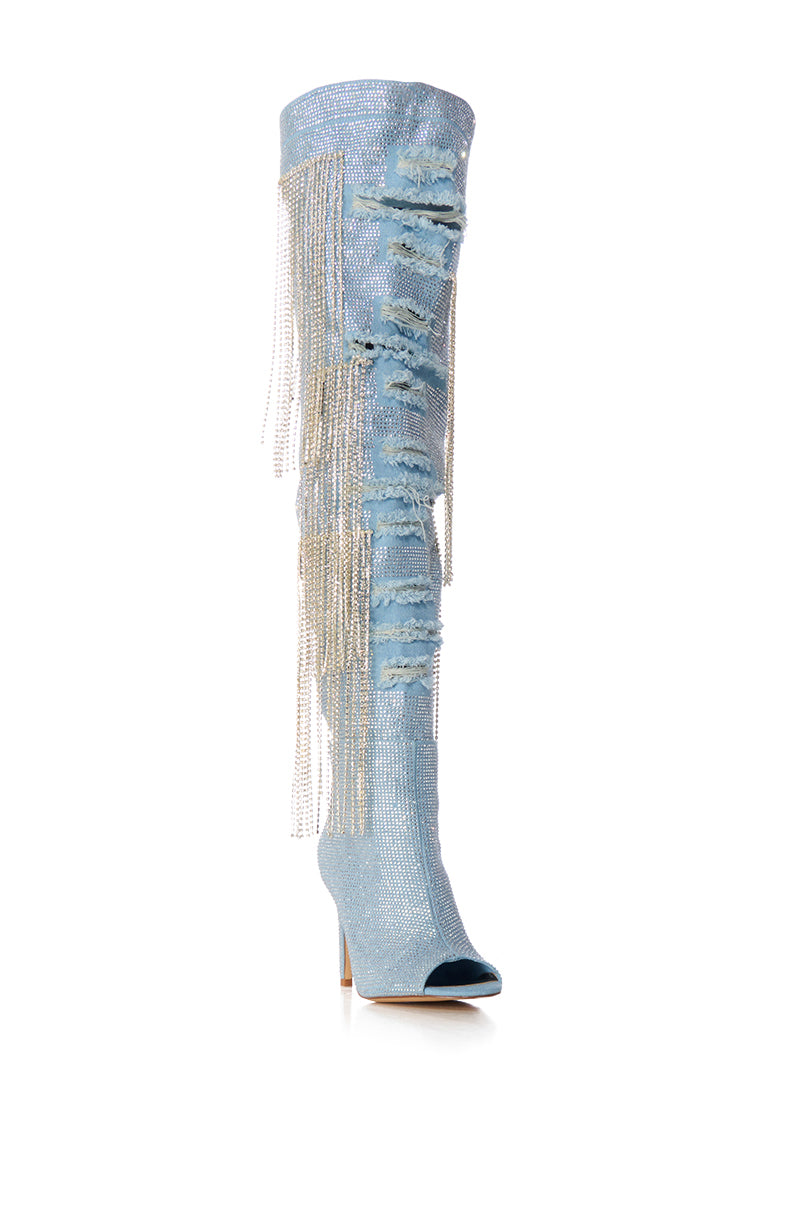 Detail View Azalea Wang Madilyn Rhinestone Denim Peep Toe Boot