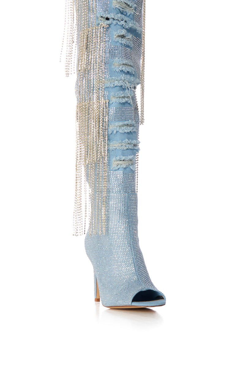 Extra View Azalea Wang Madilyn Rhinestone Denim Peep Toe Boot