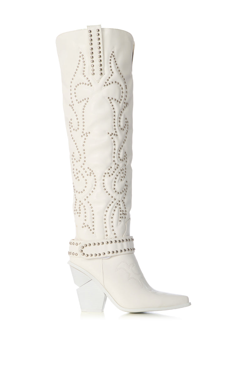 Side View Azalea Wang Maitia White Embellished Cowboy Boot