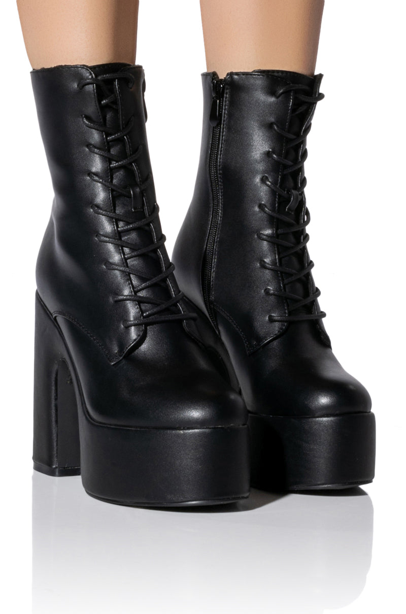 Front View Azalea Wang Make It Happen Pu Chunky Heel Platform Bootie In Black