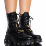 Front View Azalea Wang Make Your Mark Chain Lace Up Flatform Bootie In Black