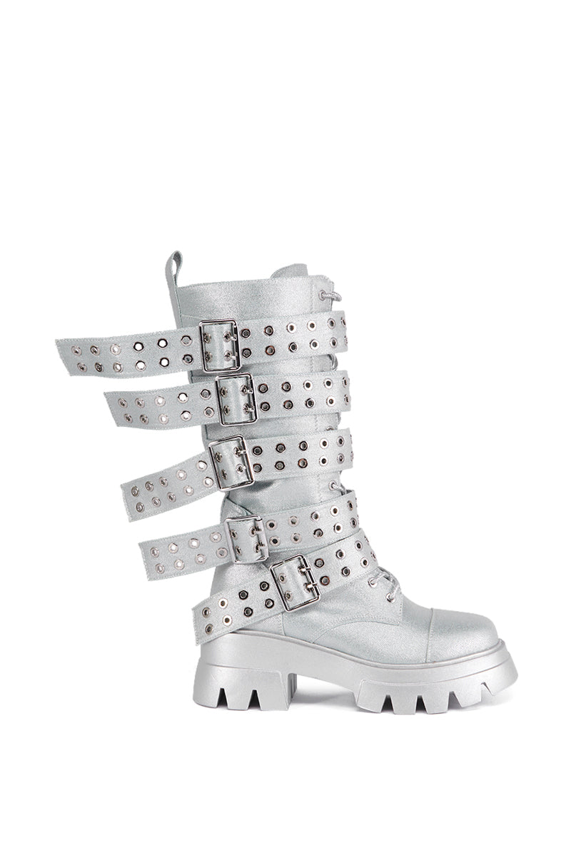 Side View Azalea Wang Mansi Silver Buckle Detail Boot