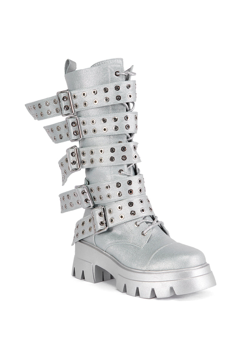 Back View Azalea Wang Mansi Silver Buckle Detail Boot