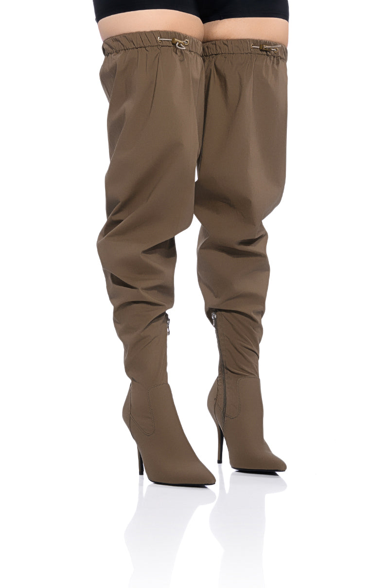 Front View Azalea Wang Mantis Baggy Thigh High Boot In Khaki