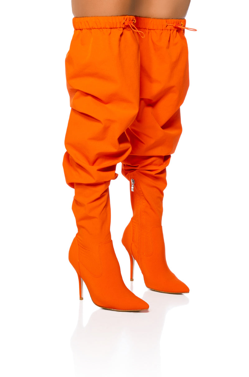 Side View Azalea Wang Mantis Baggy Thigh High Boot In Orange 1
