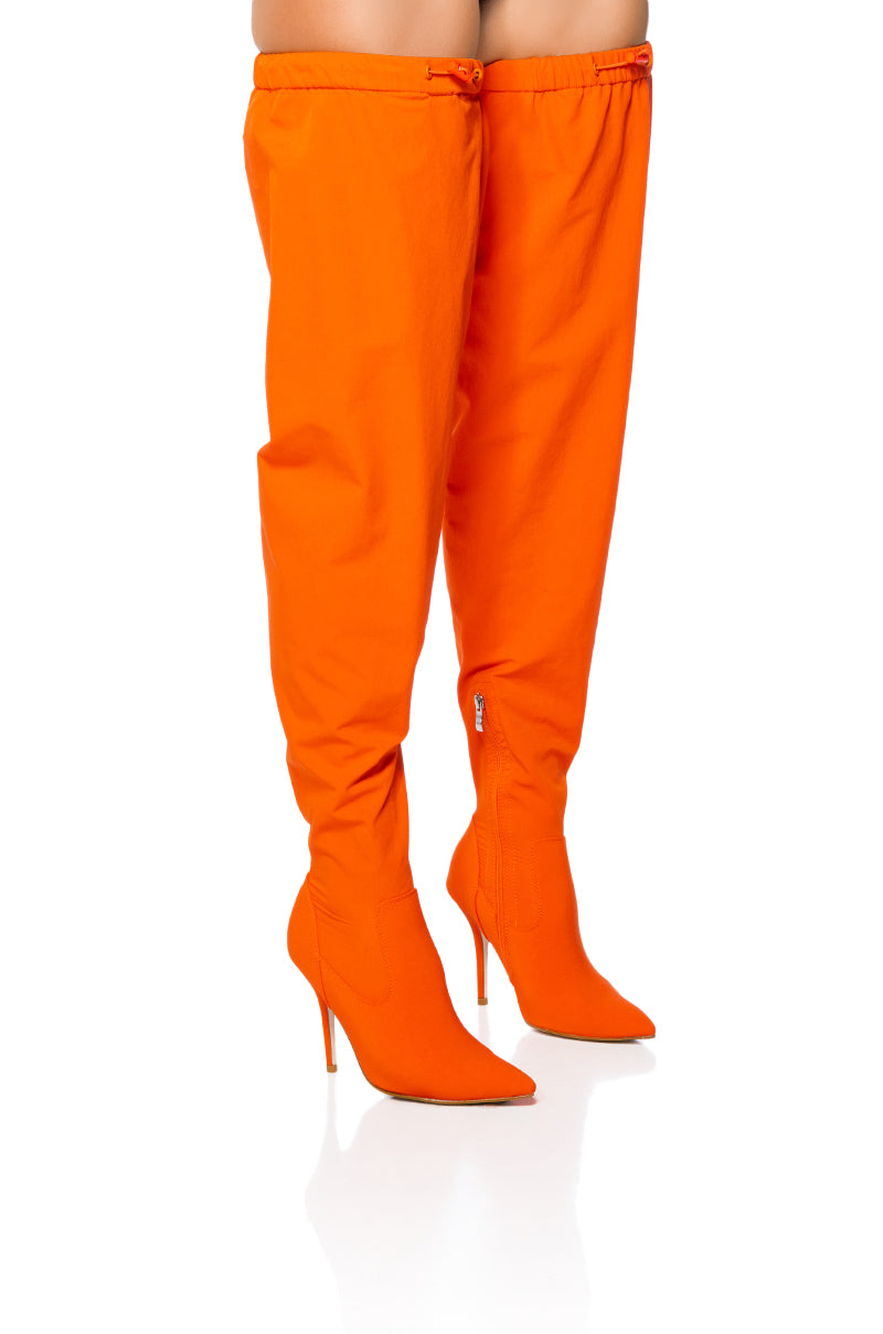 Back View Azalea Wang Mantis Baggy Thigh High Boot In Orange 2