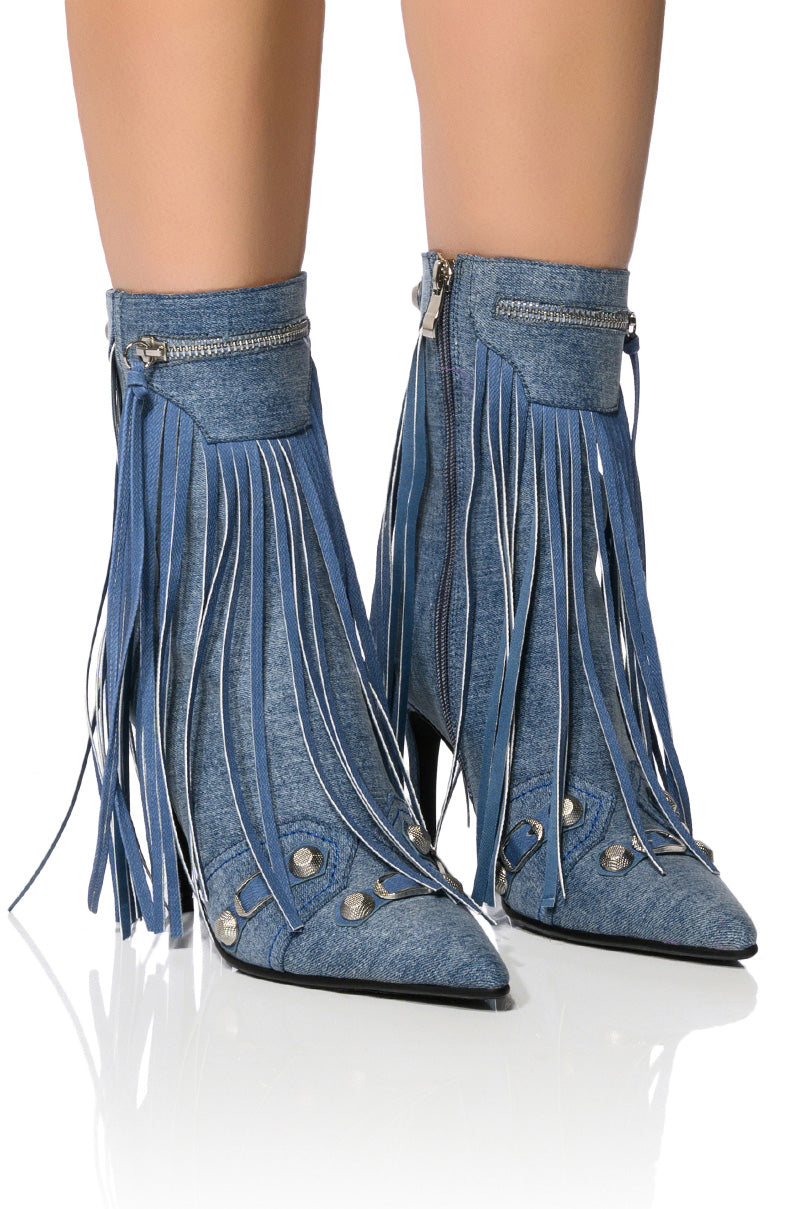 Front View Azalea Wang Marcelina Denim Stiletto Bootie