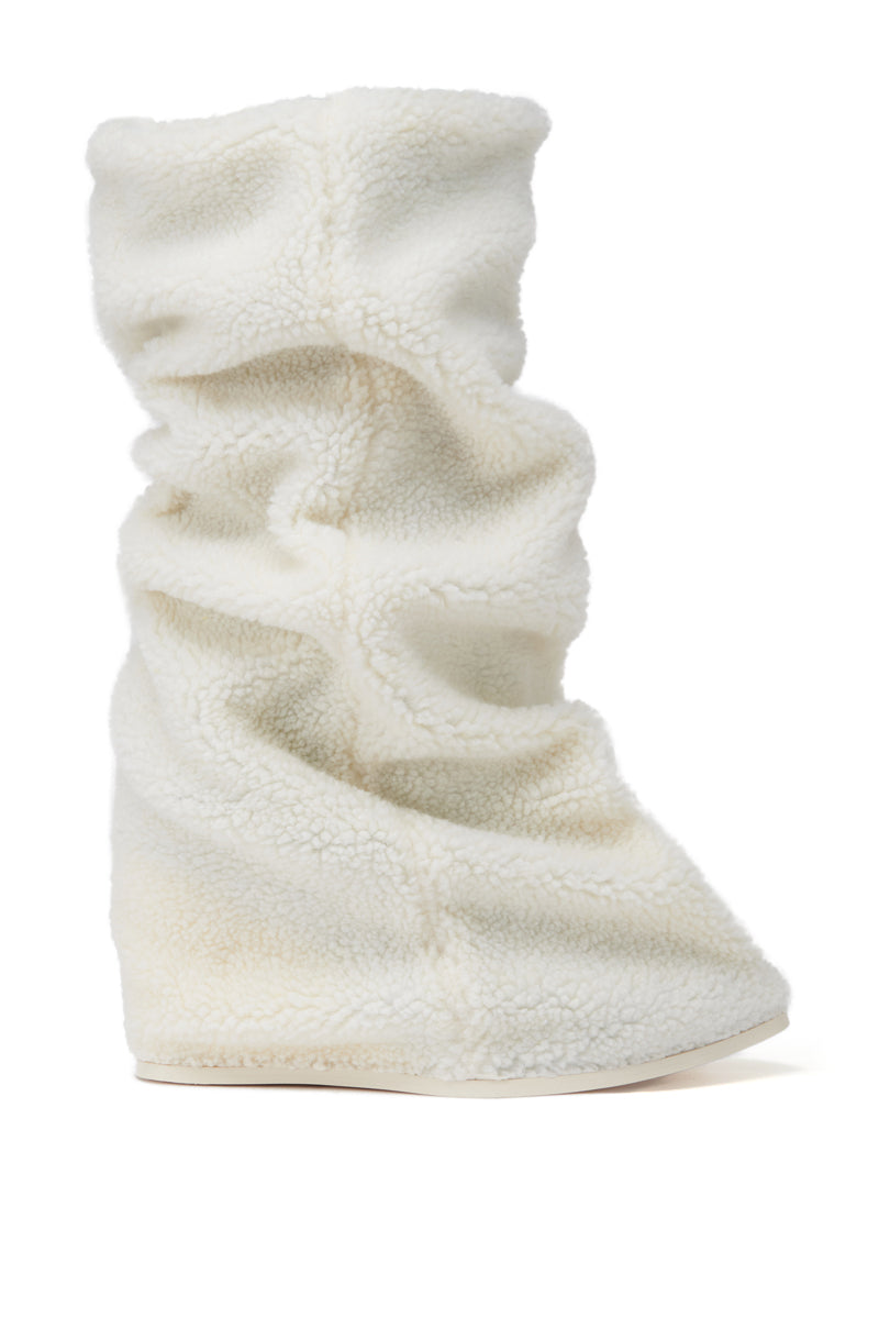 AZALEA WANG MARCELLE WHITE SHERPA WEDGE BOOT – AKIRA