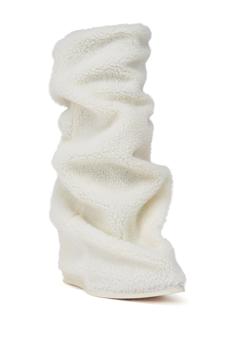 AZALEA WANG MARCELLE WHITE SHERPA WEDGE BOOT – AKIRA