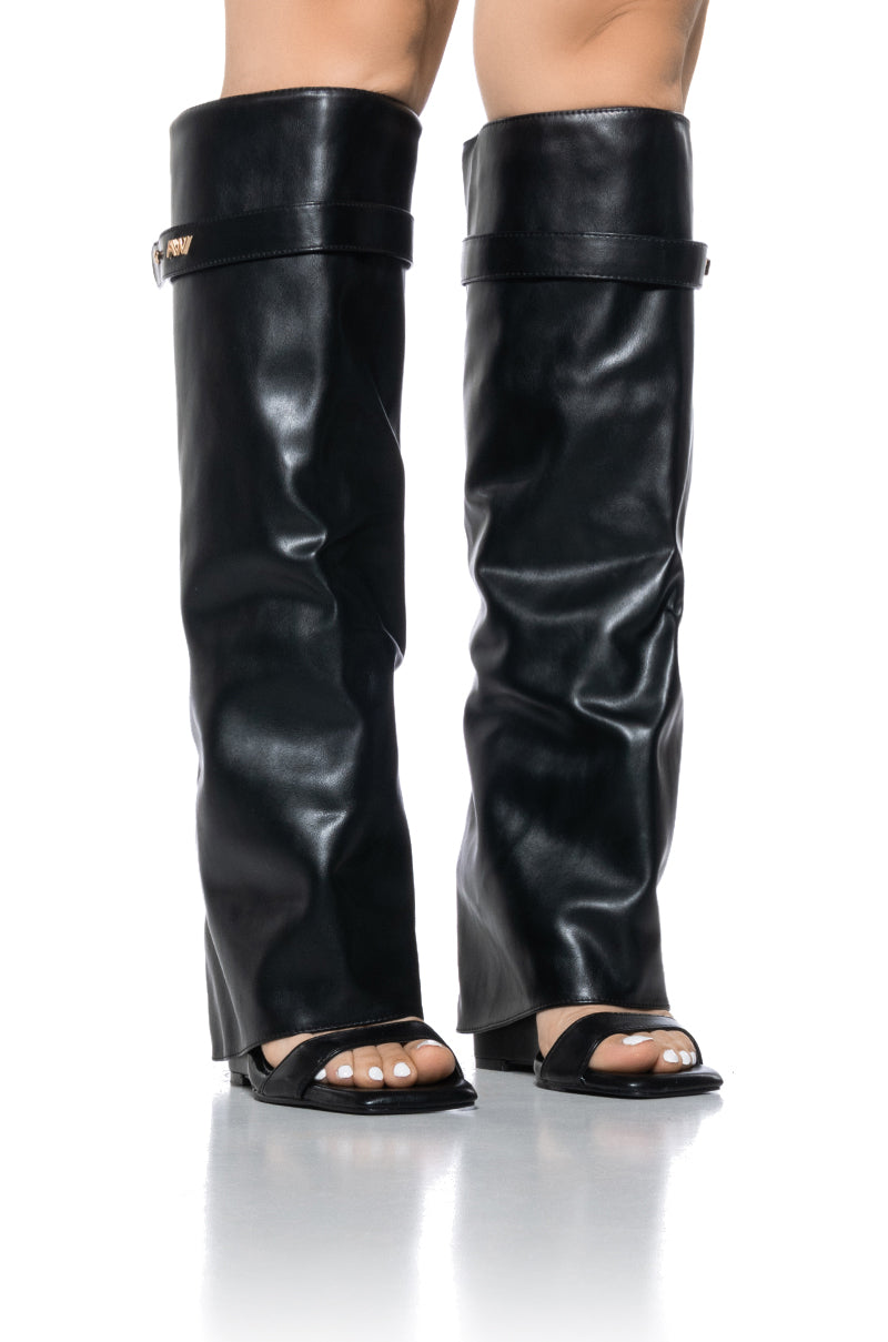 Front View Azalea Wang Marietta Fold Over Open Toe Sandal Boot In Black