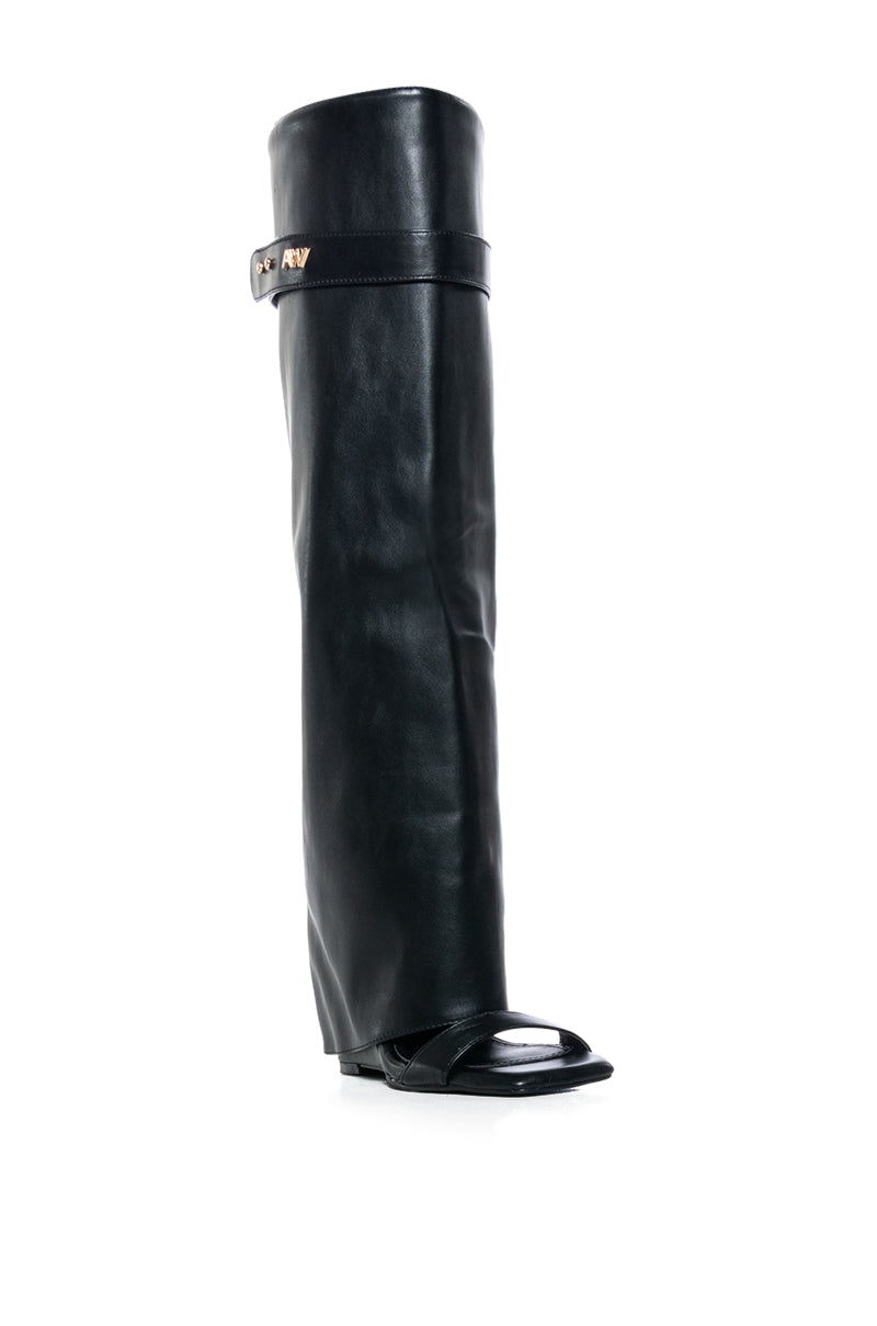 Back View Azalea Wang Marietta Fold Over Open Toe Sandal Boot In Black